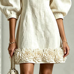 White Mini Dress with Puff Sleeves and 3D Flowers — view 4
