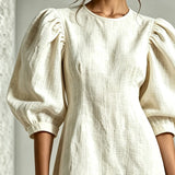 White Mini Dress with Puff Sleeves and 3D Flowers — view 3