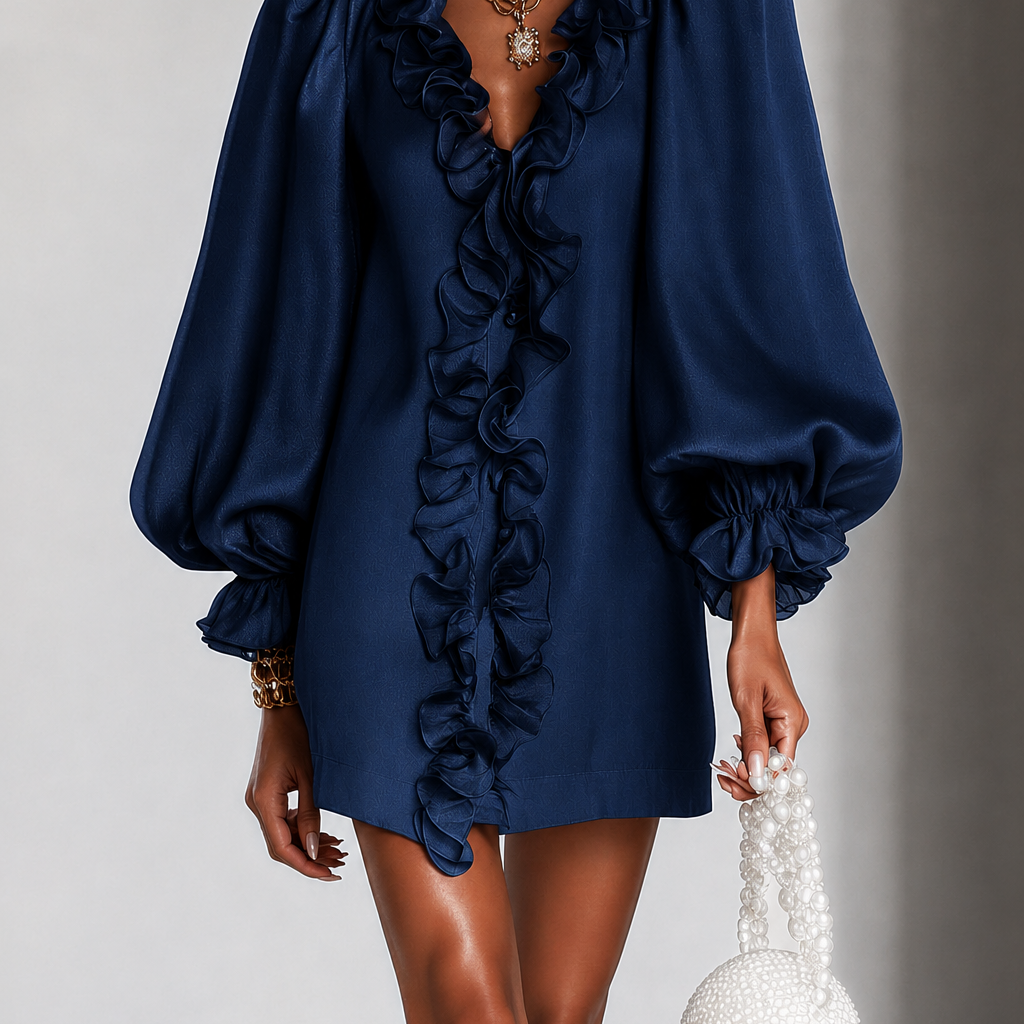 Mini Dress with Puff Sleeves and Vertical Ruffle — view 2