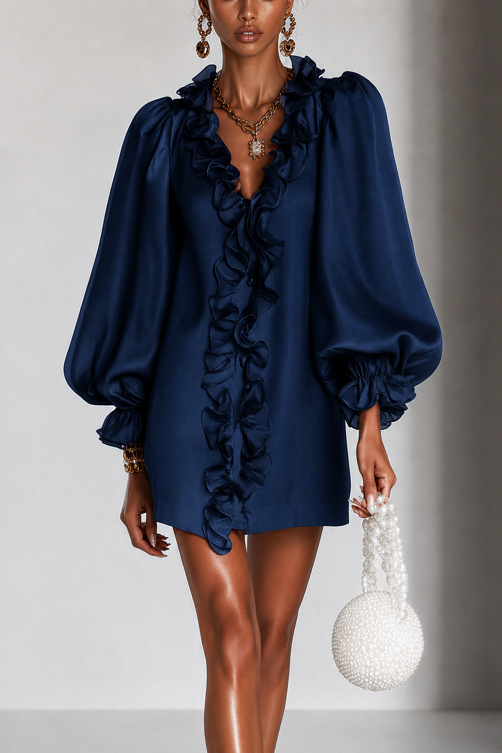 Mini Dress with Puff Sleeves and Vertical Ruffle — view 2