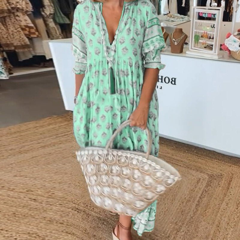 MANA | Midi Dress with Floral Print and V-Neck — view 2
