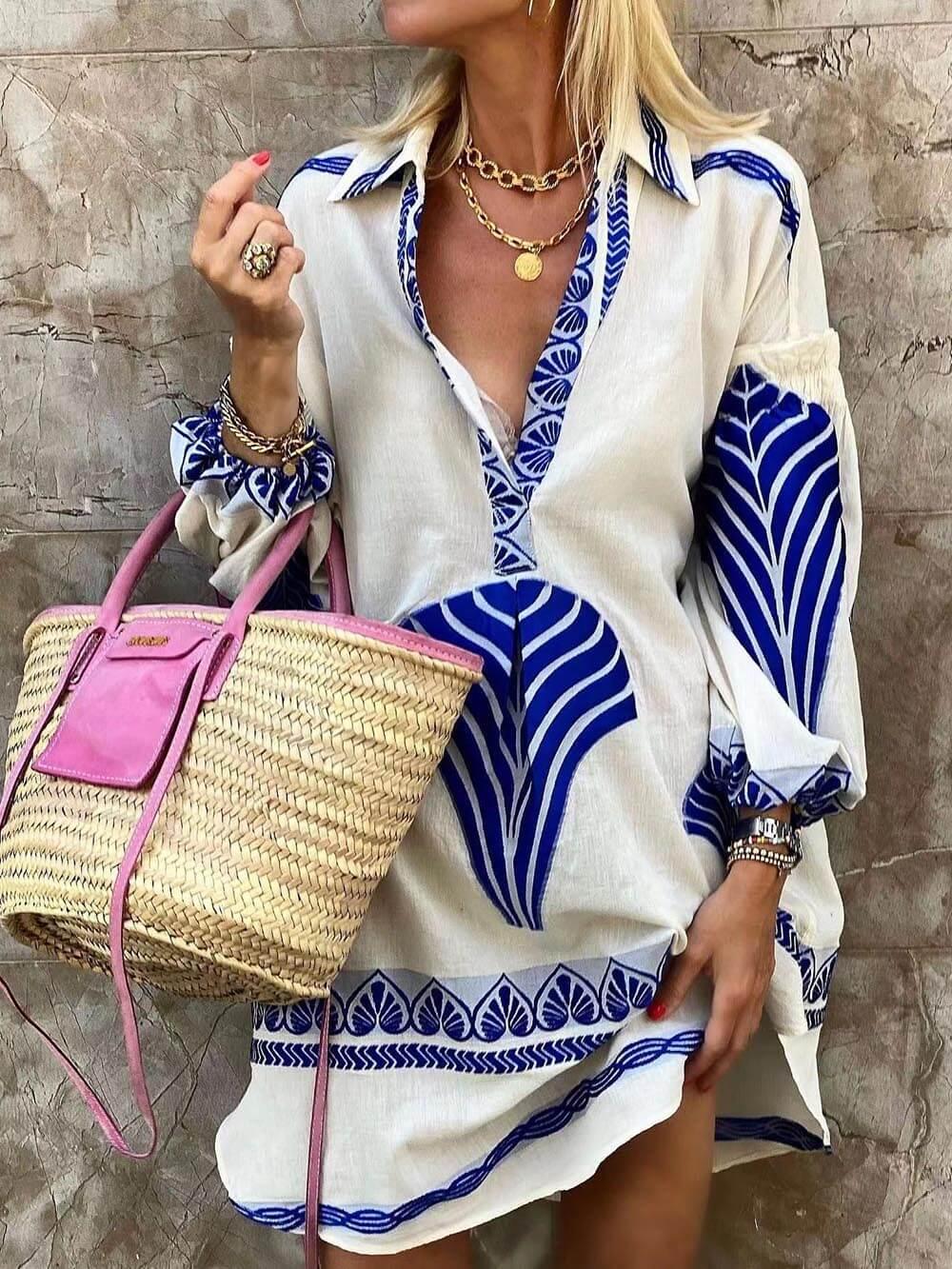 Relaxed Mini Dress with Print and Long Sleeves — view 2