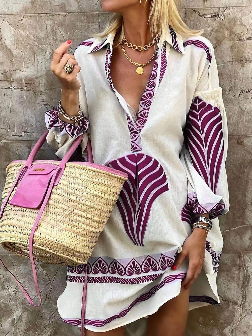 Relaxed Mini Dress with Print and Long Sleeves — view 4