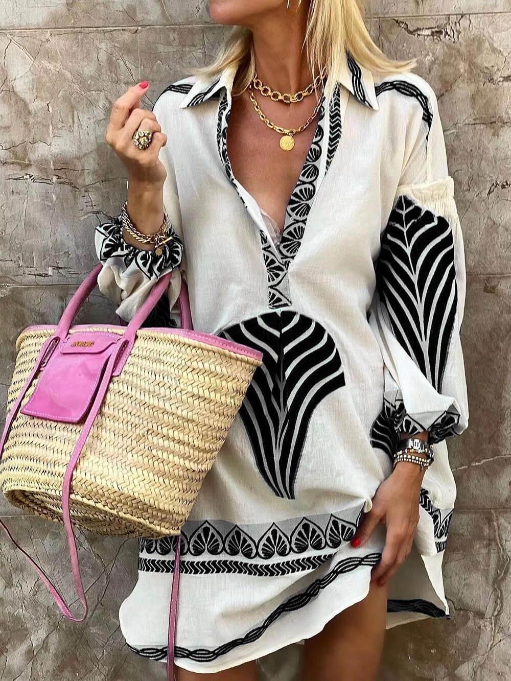 Relaxed Mini Dress with Print and Long Sleeves — view 3