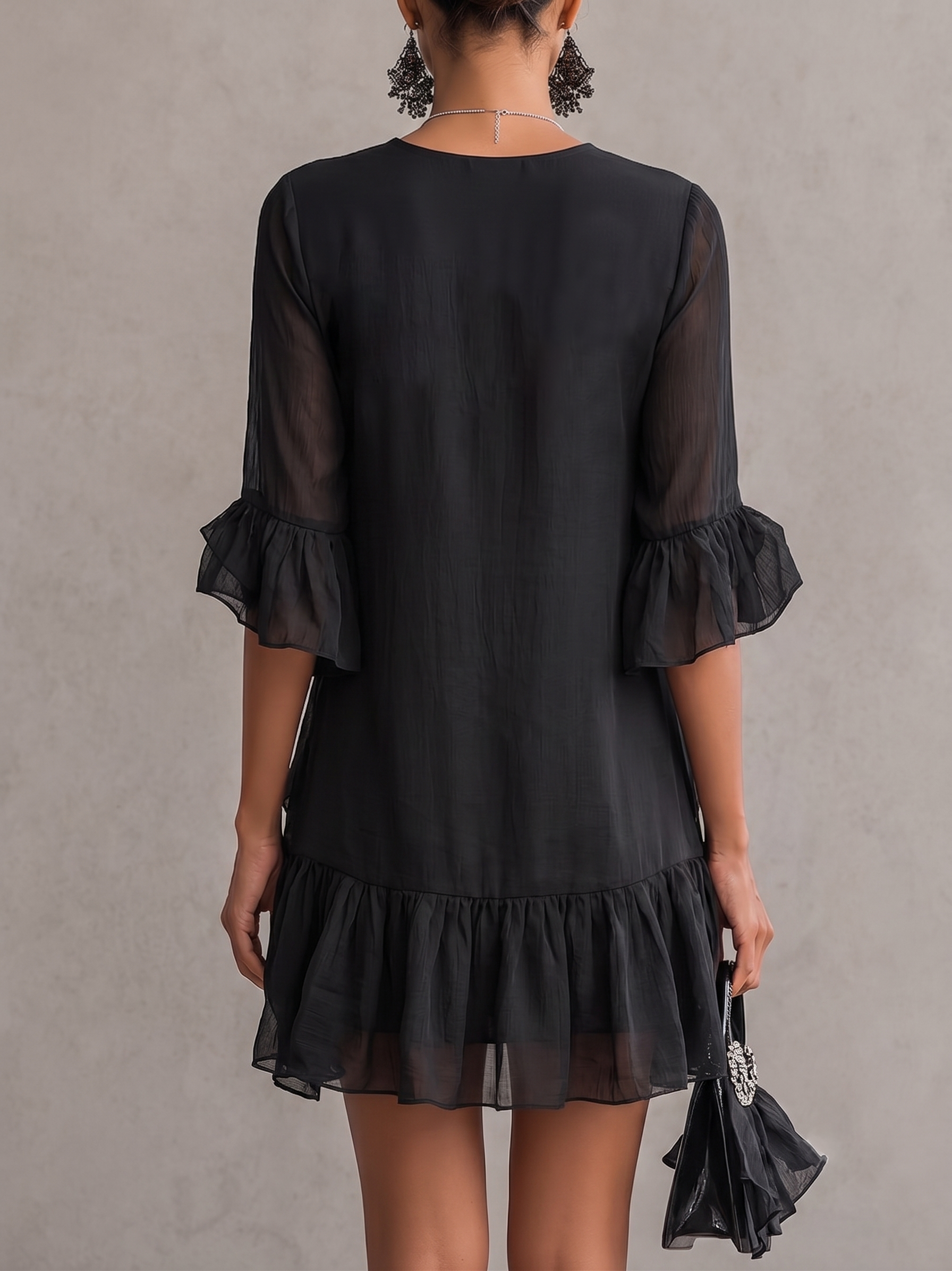 Black Chiffon Mini Dress with Ruffles — view 3