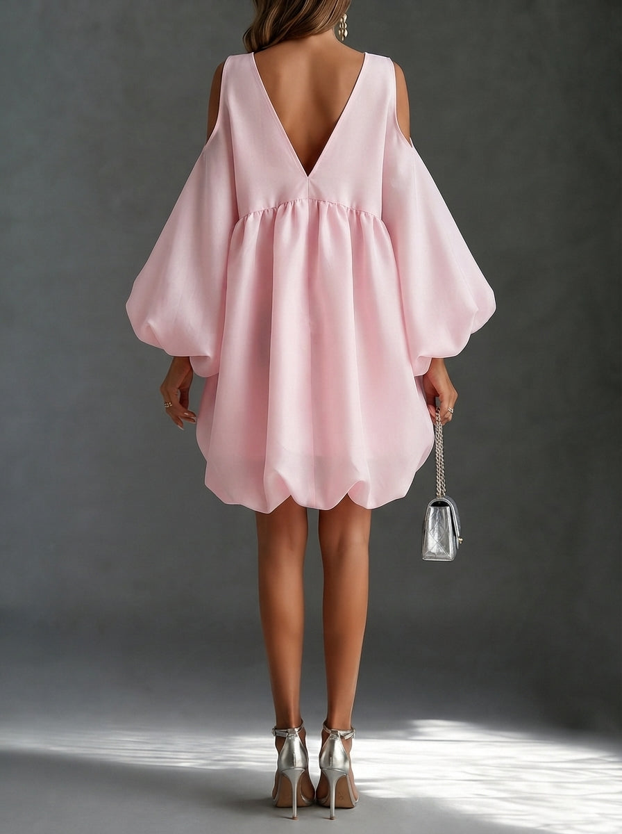 Light Pink Chiffon Mini Dress with Puffed Sleeves — view 3