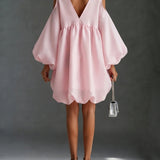 Light Pink Chiffon Mini Dress with Puffed Sleeves — view 3