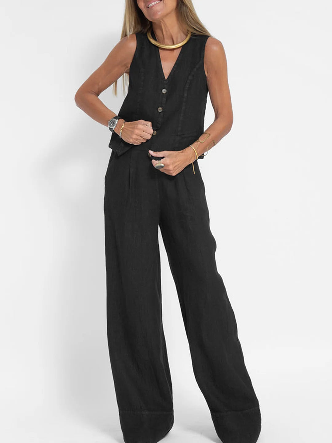 Aira - Vest with Buttons & Wide-Leg Pants Set — view 14