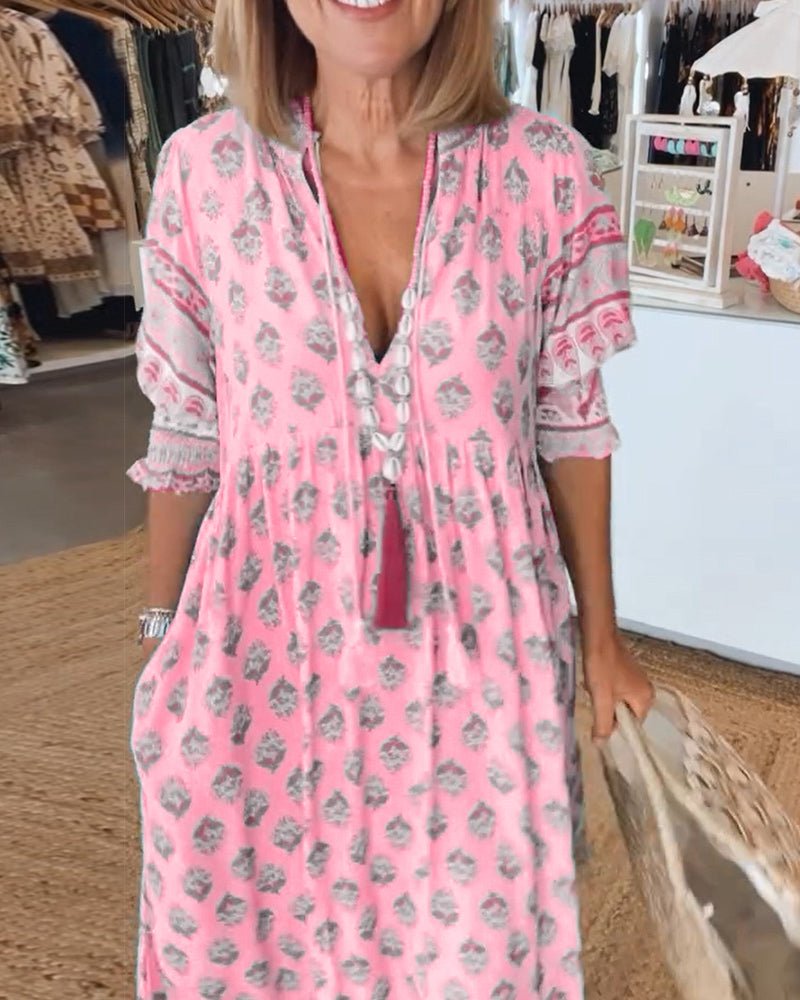 MANA | Midi Dress with Floral Print and V-Neck — view 10
