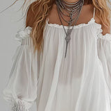Bohemian and Fluid Mini Dress with Cut-Out Shoulders — view 3