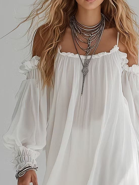 Bohemian and Fluid Mini Dress with Cut-Out Shoulders — view 3