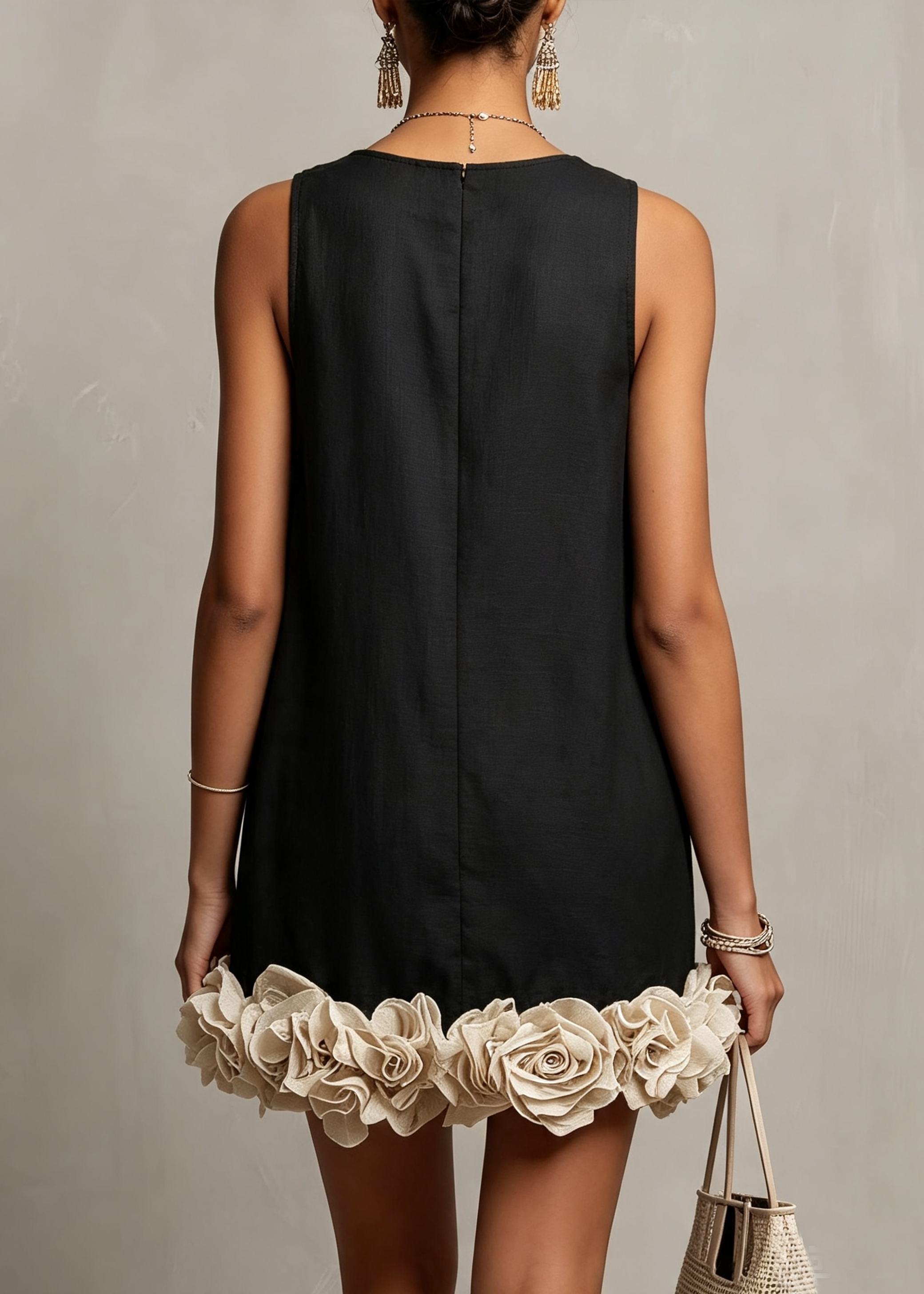 Beige Sleeveless Mini Dress with 3D Flowers — view 2