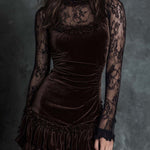 Chocolate Brown Pleated Velvet Mini Dress with Lace