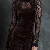 Chocolate Brown Pleated Velvet Mini Dress with Lace