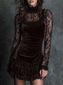 Chocolate Brown Pleated Velvet Mini Dress with Lace
