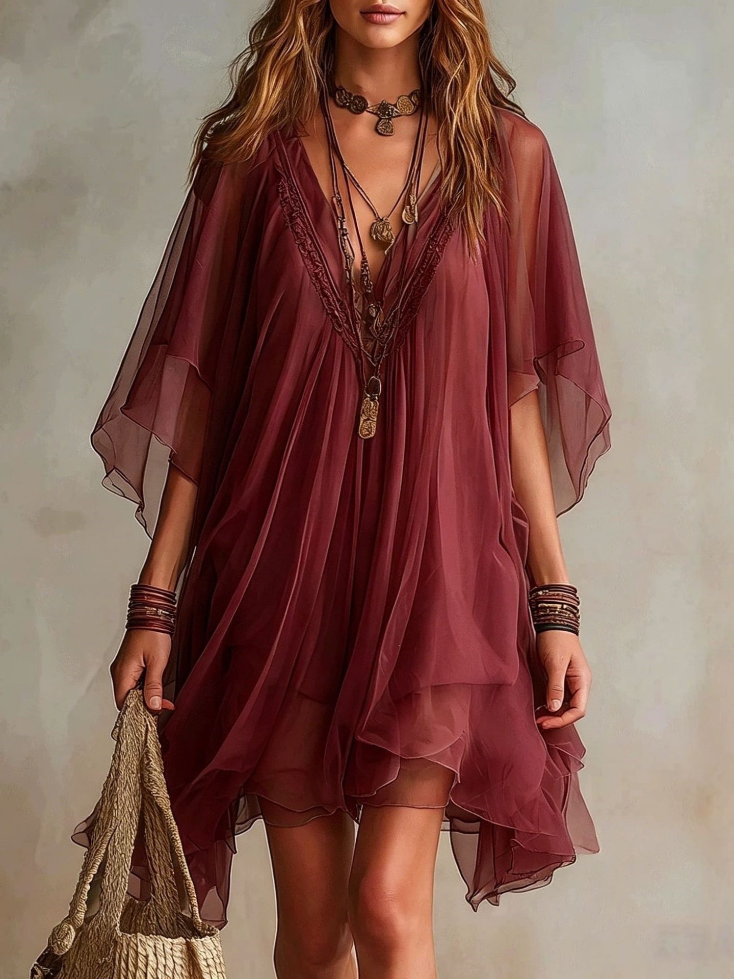 Green Chiffon Mini Dress with V-Neck — view 6