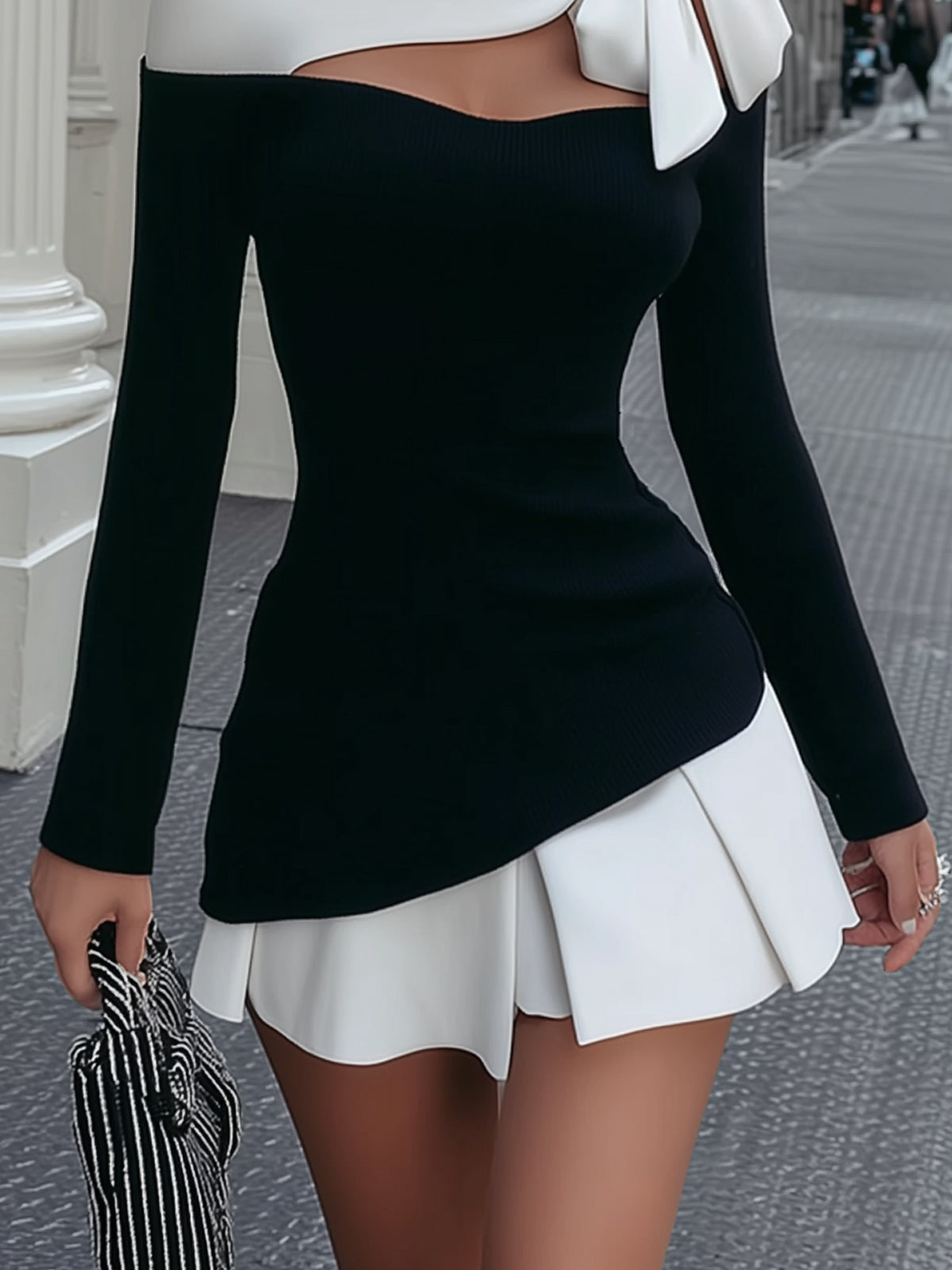 Black and White Mini Dress with Bow and Pleated Skirt — view 4