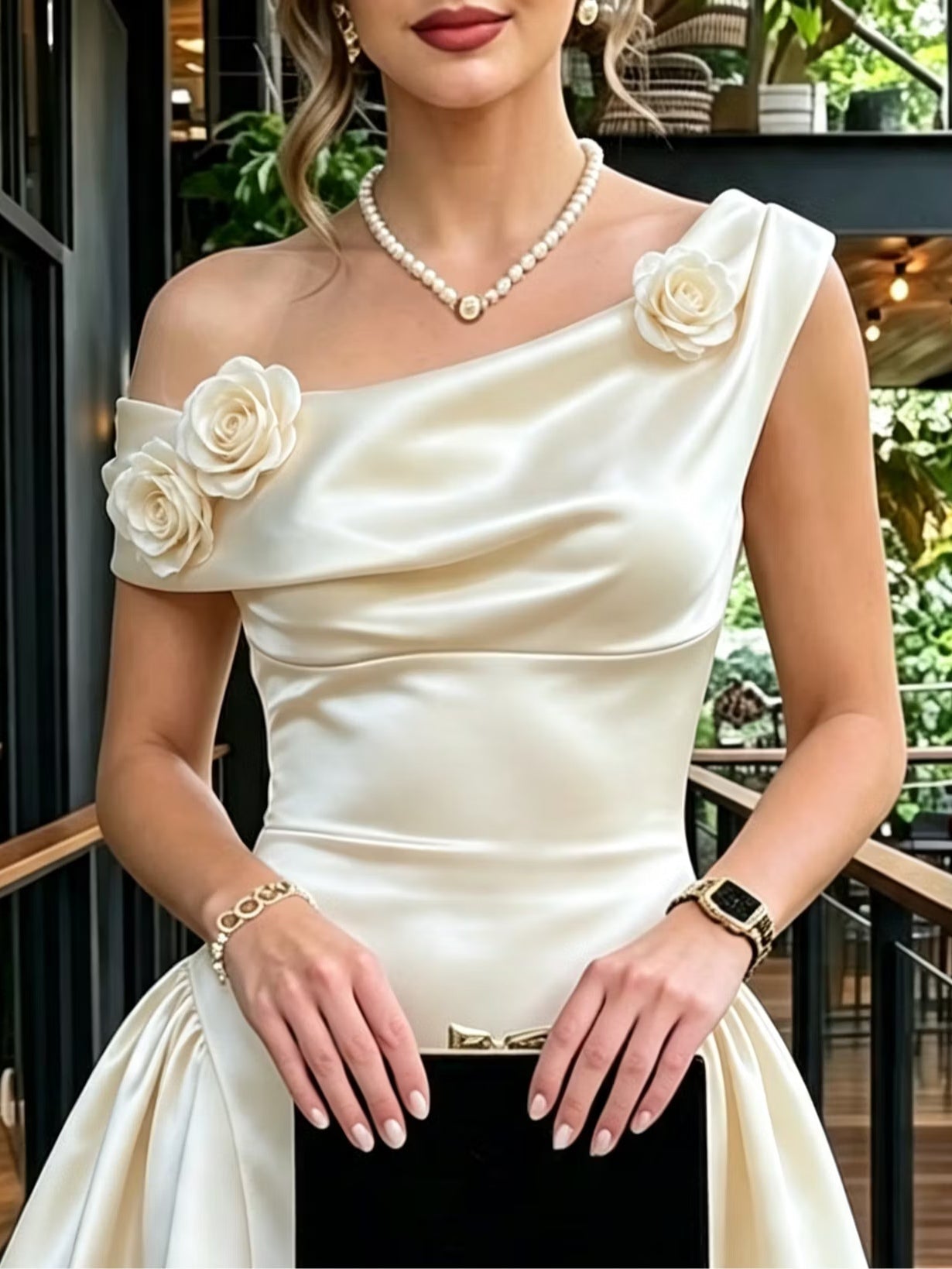 Satin Mini Dress with Asymmetric Shoulders and 3D Flowers — view 3