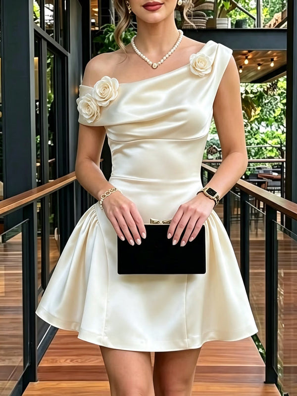 Satin Mini Dress with Asymmetric Shoulders and 3D Flowers