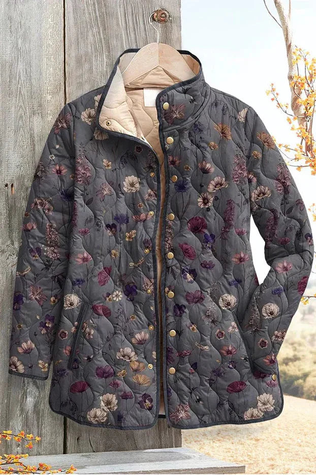 Mechthild™ | Quilted Jacket with Flower Print in Grey