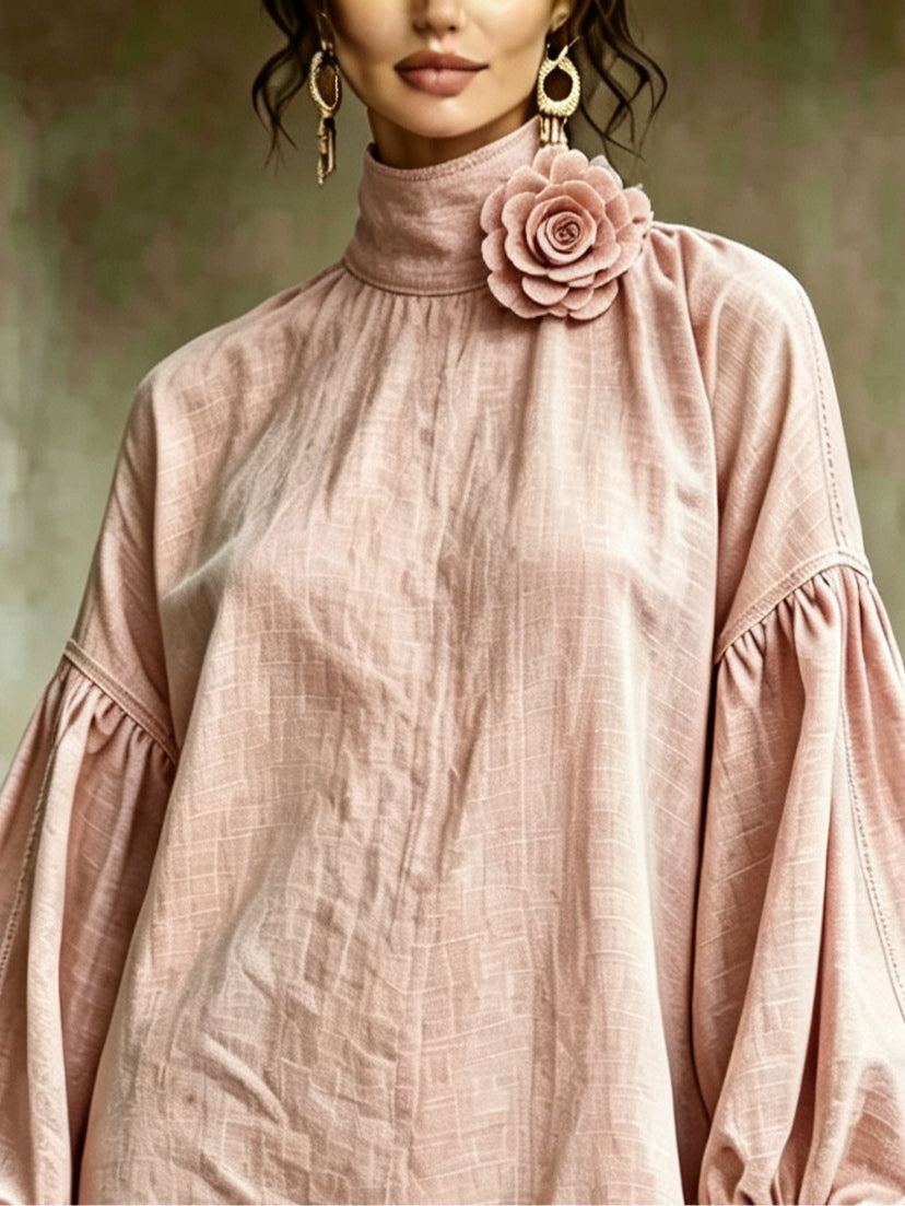 Pink Mini Dress with High Collar and Lantern Sleeves — view 2
