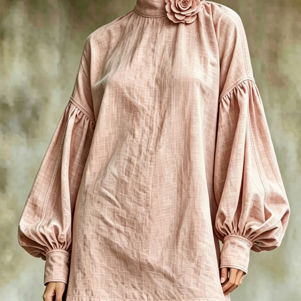 Pink Mini Dress with High Collar and Lantern Sleeves