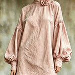Pink Mini Dress with High Collar and Lantern Sleeves