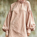 Pink Mini Dress with High Collar and Lantern Sleeves