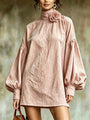 Pink Mini Dress with High Collar and Lantern Sleeves