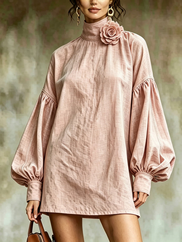 Pink Mini Dress with High Collar and Lantern Sleeves