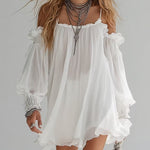 Bohemian and Fluid Mini Dress with Cut-Out Shoulders