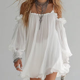 Bohemian and Fluid Mini Dress with Cut-Out Shoulders