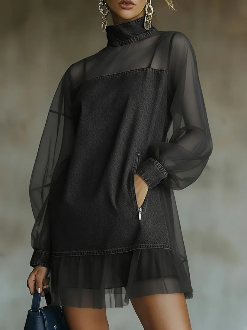 Denim and Tulle Mini Dress with High Collar — view 2