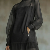 Denim and Tulle Mini Dress with High Collar — view 2
