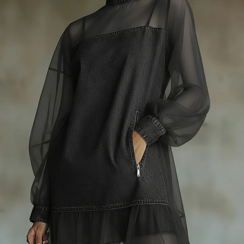 Denim and Tulle Mini Dress with High Collar — view 2