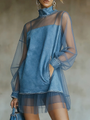 Denim and Tulle Mini Dress with High Collar