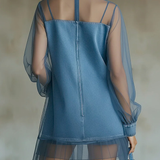 Denim and Tulle Mini Dress with High Collar — view 3