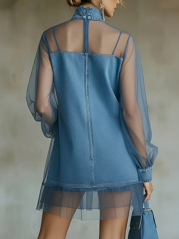 Denim and Tulle Mini Dress with High Collar — view 3