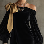 Black Velvet and Gold Satin Mini Dress with Off-the-Shoulder Neckline — view 2