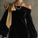 Black Velvet and Gold Satin Mini Dress with Off-the-Shoulder Neckline — view 2
