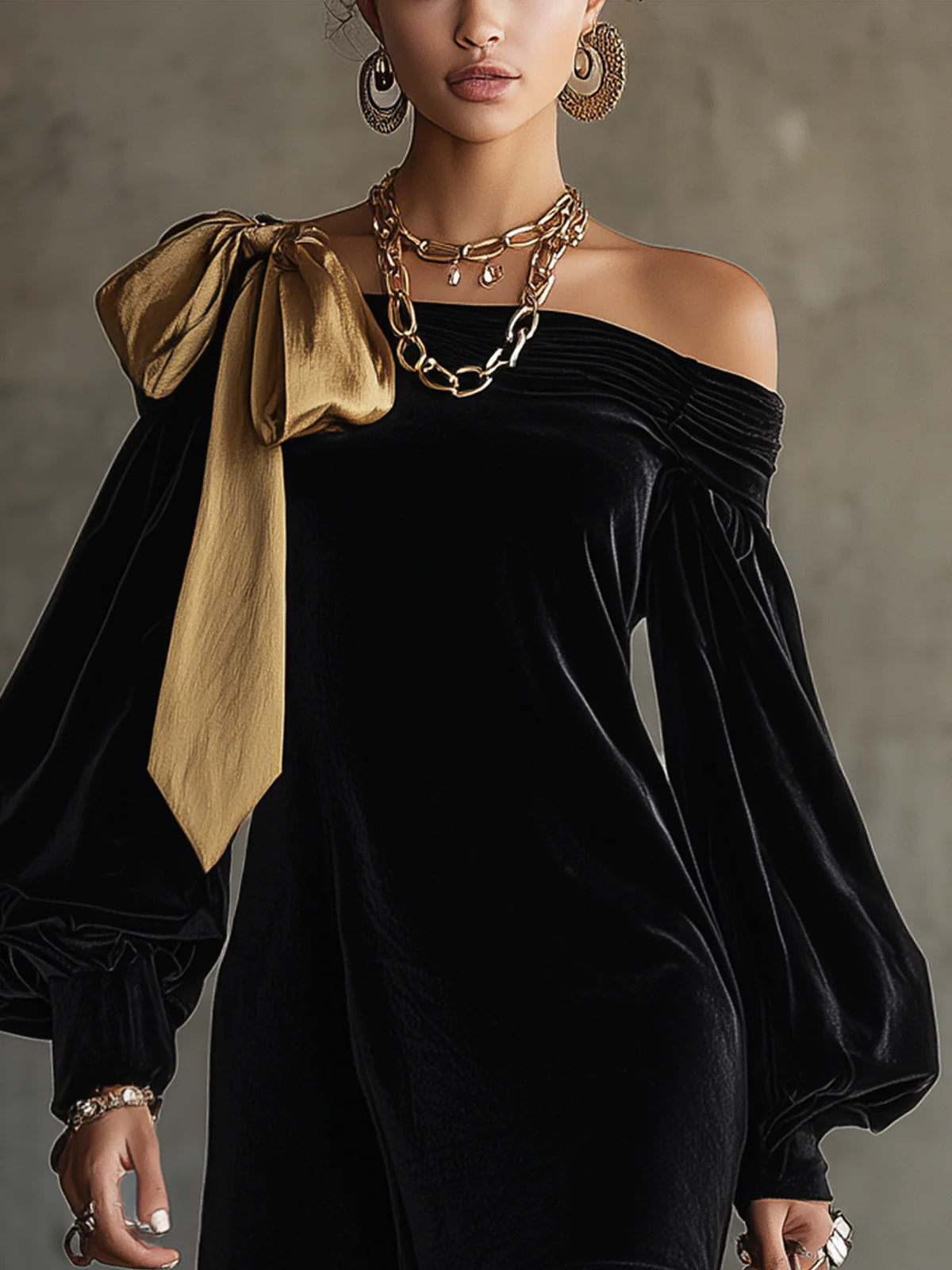 Black Velvet and Gold Satin Mini Dress with Off-the-Shoulder Neckline — view 2
