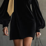 Black Velvet and Gold Satin Mini Dress with Off-the-Shoulder Neckline — view 3