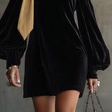 Black Velvet and Gold Satin Mini Dress with Off-the-Shoulder Neckline — view 3
