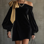 Black Velvet and Gold Satin Mini Dress with Off-the-Shoulder Neckline