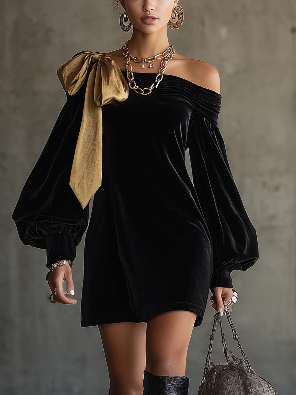 Black Velvet and Gold Satin Mini Dress with Off-the-Shoulder Neckline