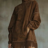 Suede Dress with High Neck and Fringes — view 2