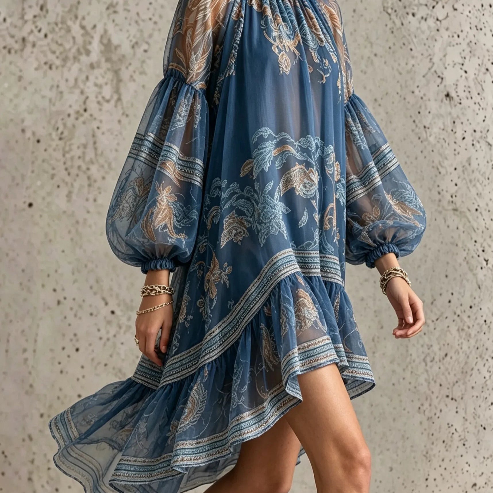 Retro Chiffon Dress with Print and Long Sleeves — view 2
