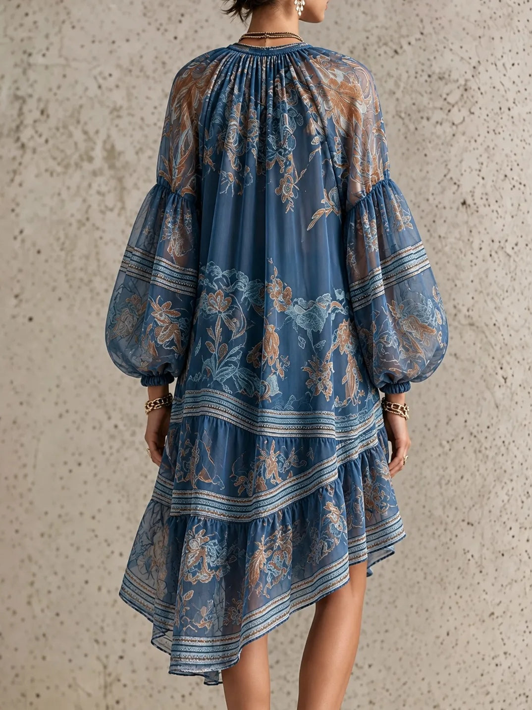 Retro Chiffon Dress with Print and Long Sleeves — view 3
