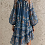 Retro Chiffon Dress with Print and Long Sleeves — view 3