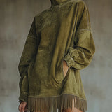Suede Dress with High Neck and Fringes